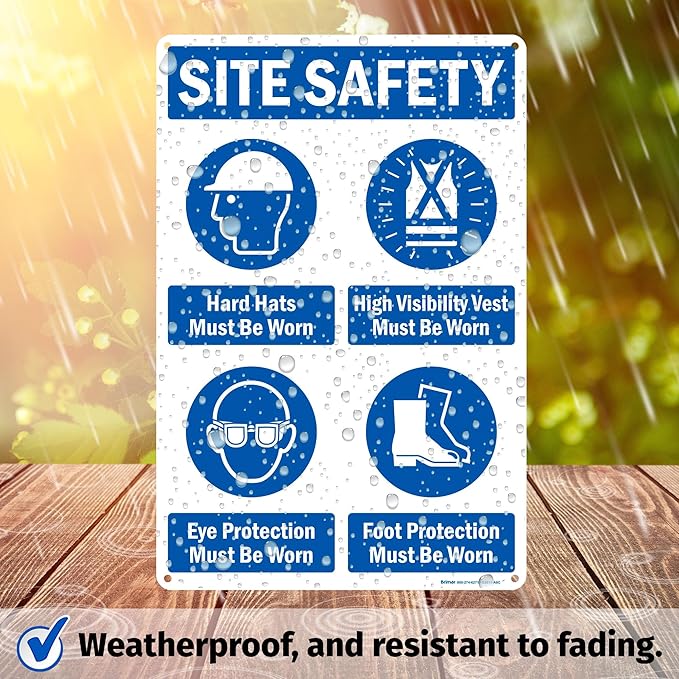 Brimar - 12" x 18" - Site Safety Mandatory PPE Sign - .063″ White Rust-Free Aluminum - Comprehensive Message - Easy Installation