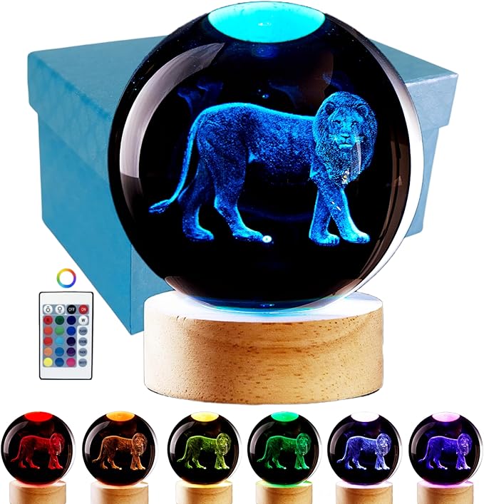 3D Crystal Ball Lamp with Lifelike LED Lion, 16 Color Changing Light, Dimmable Remote Control