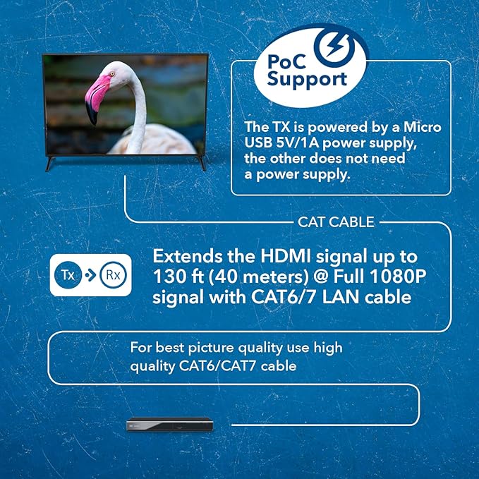 OREI 1080p HDMI Extender Over Ethernet up to 131 Feet - 1080@60Hz HDMI 1.4 HDCP 1.4, Over CAT6/7 Cable- Power Over Cable (EX-130C)