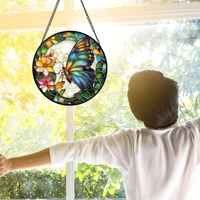 DASTOLL Stained Glass Window Hanging, Butterfly Flower Sun Catchers Diamond Glass Panel Hangings Insect Suncatcher Decor for Birthday for Women, Men, Wife, Aunt, and Mom 7.8 in