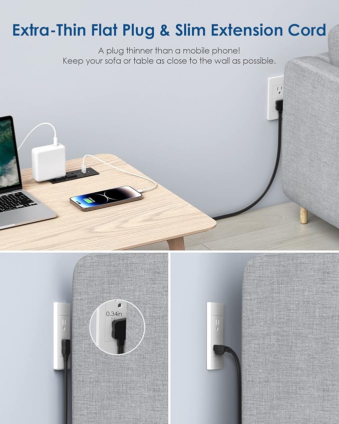 30W USB C Recessed Power Strip,Flat Plug Power Strip,2 Outlets 4 USB Ports,Furniture Flush Mount Desk Outlet,Recessed Outlet for Side Table/Sofa Table,10ft Cord(Black)