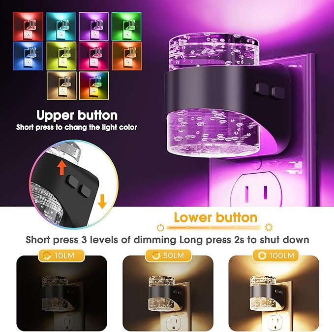 L LOHAS LED Night Light, RGB Bubble Night Lights Plug into Wall, 10-Color Change Night Light,Dimmable Nightlights with Dusk to Dawn Sensor for Rooms Bathroom Hallway