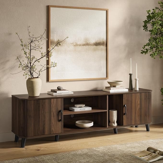 LuxenHome 70 Inch TV Stand, Mid Century Modern TV Stands for Living Room for TV Up to 75", Walnut Media Console Entertainment Center with Storage, Brown TV Consoles for Living Room with Curved Edge