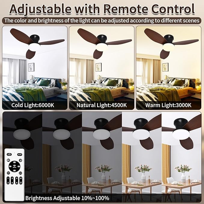 Glowall Small Ceiling Fan with Lights and Remote, 32" Flush Mount, Small Quiet, DC Motor, Reversible Blades, 6 Wind Speeds, Dimmable LED, Adjustable Color Temperature, Timer
