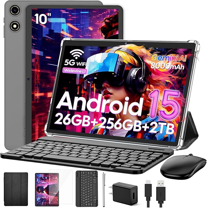 VisuPad 2026 Android 15 Tablet with Keyboard, 26GB+256GB+2TB Expand, 10 Inch 2 in 1 Tablet with Gemini AI, 8000mAh, 2.4G/5G WiFi, BT5.0, Widevine L1, Tablets Pc with Case, Mouse, Stylus (Black Case)