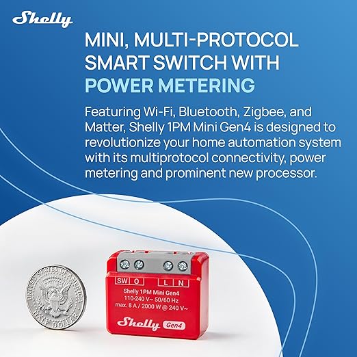 Shelly 1PM Mini Gen4 | Wi-Fi, Zigbee, Matter Smart Relay Switch with Power Metering, 1-Channel 8A | Home Automation | Alexa, SmartThings, Google, Apple HomeKit Compatible | iOS Android App (2 Pack)