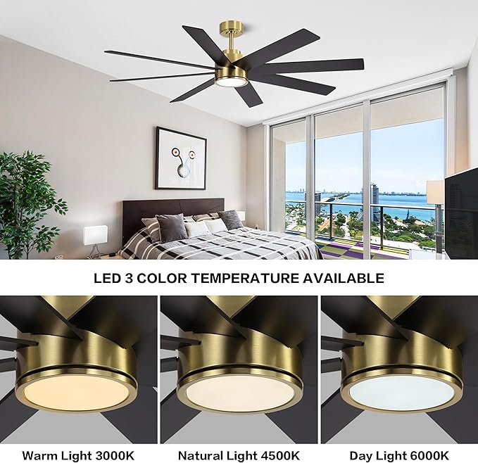 WINGBO 60" Large DC Ceiling Fans with Lights and Remote, 3 Downrods, 8 Plywood Blades, 6-Speeds Reversible DC Motor, 3CCT, Indoor Ceiling Fan for Bedroom Living Room Patio, Brass and Black