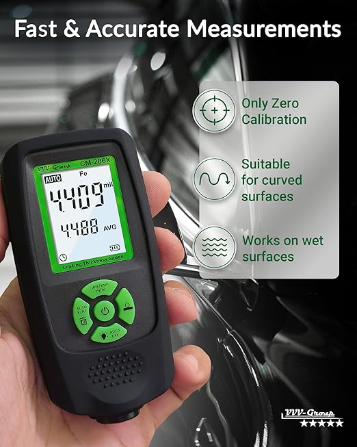 VVV-Group Paint Thickness Gauge CM-206X | Coating Thickness Meter Fe/Al/Zn | Auto Paint Depth Gauge Car Tester with High-Precision Probe, Multi-Unit Display & Auto Calibration
