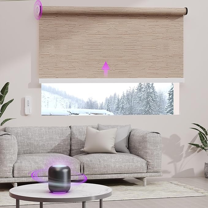 Astomi Motorized Roller Shades for Windows, Blackout Automatic Blinds with Remote, Smart Blinds, Voice Control, Compatible with Alexa, Google, Custom Size (Natural Wood)