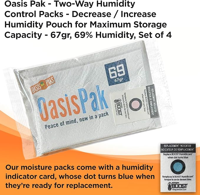 OasisPak 69% RH Two-Way Humidity Control Packs (4 Pack) - 67 Gram Packs | Maintain Humidty, Freshness, Flavors & Aromas | Salt-Free, Leak-Proof Moisture Absorbers for Storage Cases & Containers