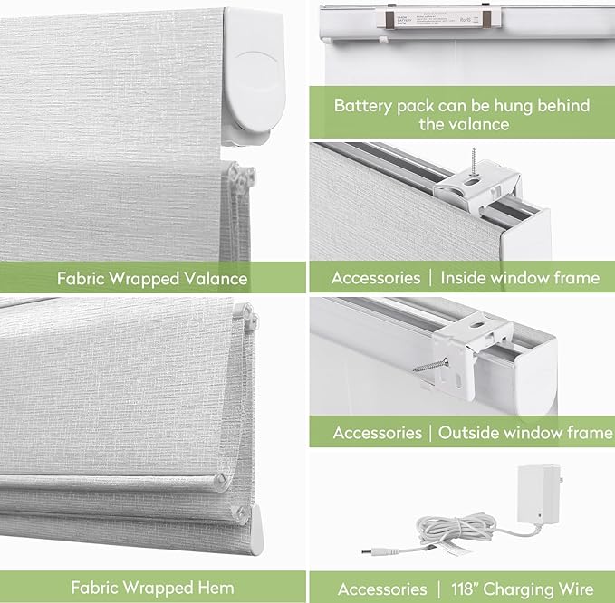 ZSTARR Smart Roman Shades Rechargeable Motorized Blinds with Remote Full Blackout Roman Window Shades Plain Fold Soft for Doors Bedroom, Custom Size (Gray)