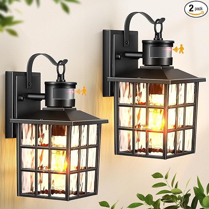 VIANIS Outdoor Wall Lights for House, 2 Pack Black Motion Sensor Porch Lanterns Wall Sconce, Modern Exterior Garage Light Fixtures Wall Mount, Waterproof Front Door Lights with Tempered Ripple Glass