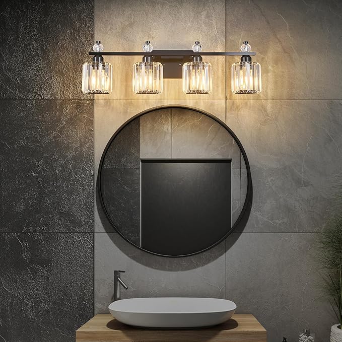 FDPBY Bathroom Vanity Lights 4-Light Plating Black Modern Crystal Vanity Light Fixtures Over Mirror Crystal Bathroom Vanity Lighting Fixtures