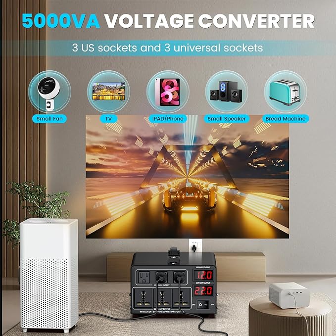 5000W Voltage Converter Transformer(110V to 220V or 220V to 110V) Step Up/Down Converter 110/120 Volt - 220/240 Volt w/US Power Cord,Circuit Breaker Protection, LCD Screen Display