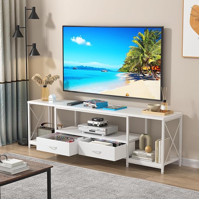 GYIIYUO TV Stand with Fabric Drawers for 55 60 65 Inches TV - Entertainment Center and Industrial TV Console Table with Open Storage Shelves for Living Room, Bedroom - 55.1" White