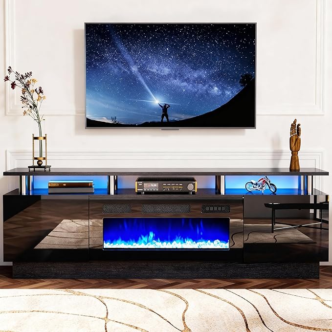 oneinmil 2 Tier TV Console Stand with 36" Electric Fireplace, LED Light Entertainment Center for TVs Up to 80" for The Living Room, 70", Black