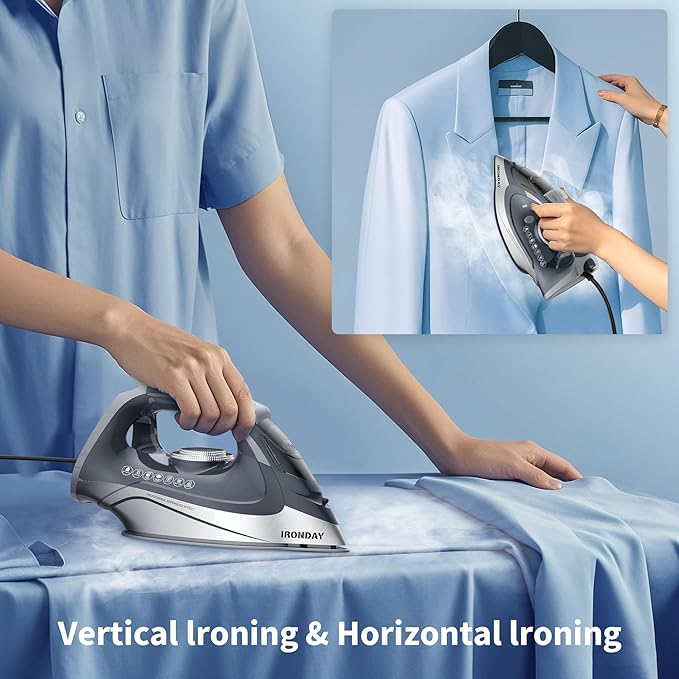 IRONDAY Steam Iron for Clothes Rapid Heating, 1700W Iron Burst of Steam, Non-Stick Ceramic Soleplate, Auto shutoff, Anti-Drip, Self-Cleaning, 10.14oz Water Tank Ironing Clothes for All Fabrics, Grey