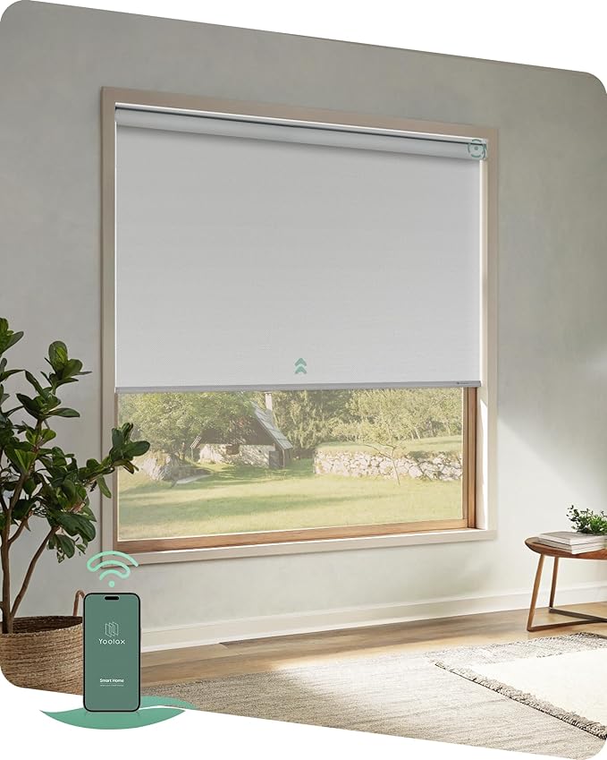 Yoolax Motorized Blinds App Control, Blackout Roller Shades for Windows, Cordless Automatic Shades Roller Window Blinds for Bedroom Living Room Office (Blackout Alpine White, 26" W x 72" H)