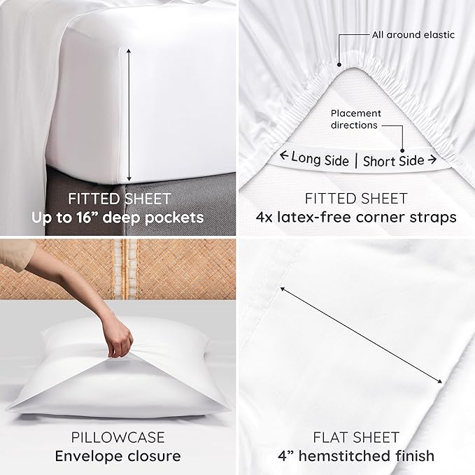 Bambaw 100% Viscose Derived from Bamboo Queen Size Sheet Set - 6pcs Cooling Sheets, Breathable, Super Soft, Fits Up to 16'' Mattress Depth, White