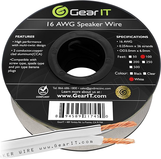 16AWG Speaker Wire, GearIT Pro Series 16 Gauge Speaker Wire Cable (100 Feet / 30.48 Meters) Great Use for Home Theater Speakers and Car Speakers, White