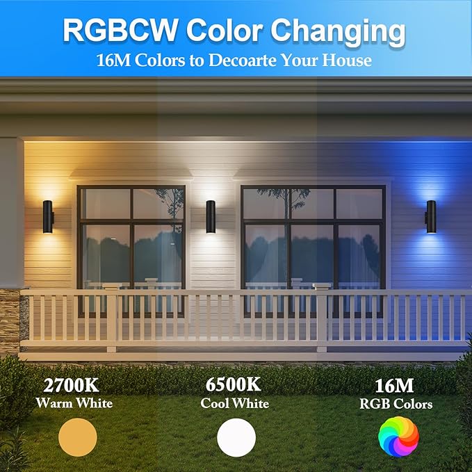 wowlite RGB Up Down Outdoor Wall Lights 2 Pack, 1200LM Smart Cylinder Outdoor Lights for House, Color Changing Exterior Lighting Fixtures APP Control Works with Alexa, IP65 Waterproof Porch Light