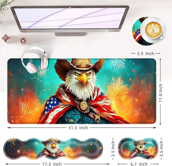 BFUKVOU Large Keyboard Mouse Pad Set, Extended Mouse Pad+Keyboard Wrist Rest Support, Memory Foam Ergonomic Easy Typing, 4Pcs (31.5×11.8 in) Desk Pad Set for Office Home,American Flag Eagle