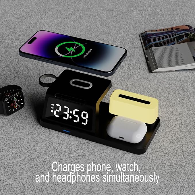 FJHBL Multi-Functional Wireless Charger with Clock -HT309(Black), Alarm, Color-Switchable Night Light, 15W Wireless Charging, Compatible with Almost All Qi-Enabled Phones, Watches, and Earbuds.