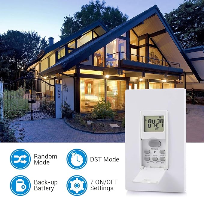 DEWENWILS Indoor in Wall Timer Switch for Light, Single-Pole,7 Day, 7 ON/Off Settings, DST RDM Mode, Programmable Digital Switch Timer for Lights, Fans, Motors, Neutral Wire Required, ETL Listed