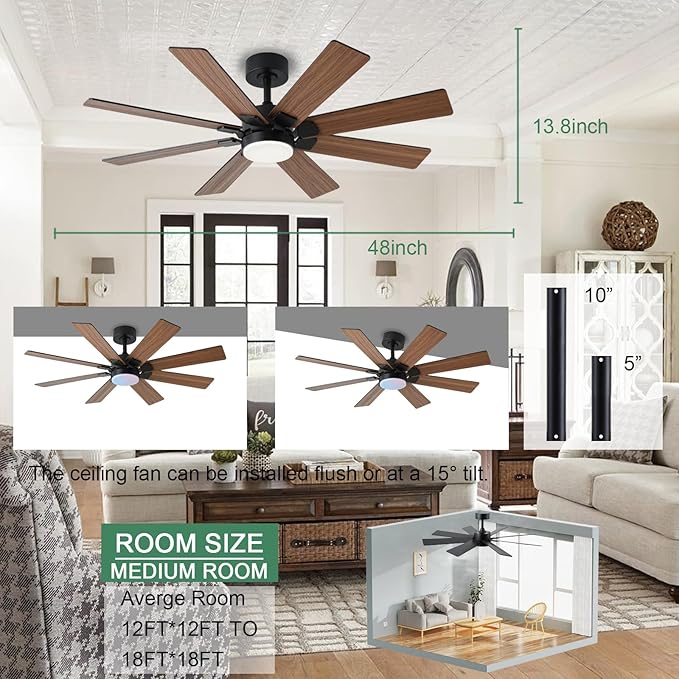 KNUN 48 Inch Ceiling Fans with Lights and Remote/APP Control, Low Profile Ceiling Fan, 8 Blades，LED Dimmable, Reversible DC Motor, Noiseless Brown Ceiling Fans for Bedroom Indoor/Outdoor Use