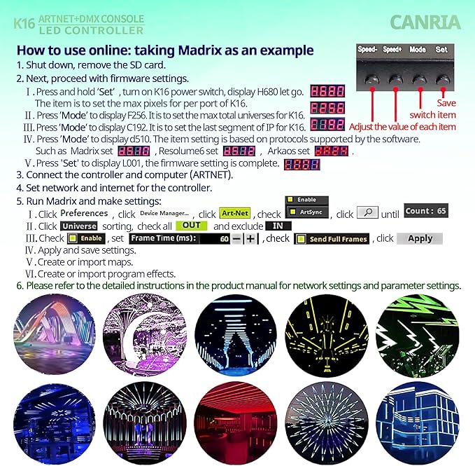 CANRIA K16 ARTNET+DMX CONSOLE LED CONTROLLER, Professional Lighting Control, Suitable for SPI TTL, Online Offline, Addressable Programmable, Perfect for Concerts, DJ Performances, Weddings, Event, etc