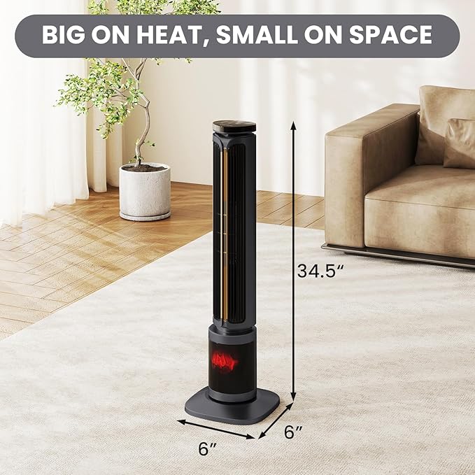 Zynkez 34.5" Space Heaters for Indoor Use Large Room, 1500W PTC Tower Fireplace Heater with 3D Flame, Room Heater w/Remote Control,12H Timer & Oscillation, Portable Electric Heaters for Bedroom, Grey