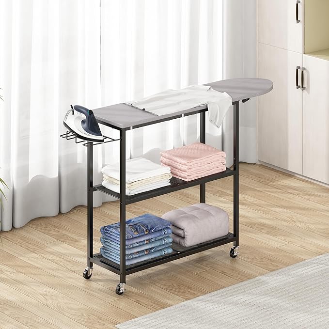 GILLAS Ironing Board with 2 Tier Storage Basket, Movable Ironing Board Full Size for Iron Rest & Clothes, Tabletop Ironing Boards, Ironing Stand Iron Boards Ironing Table Rustic