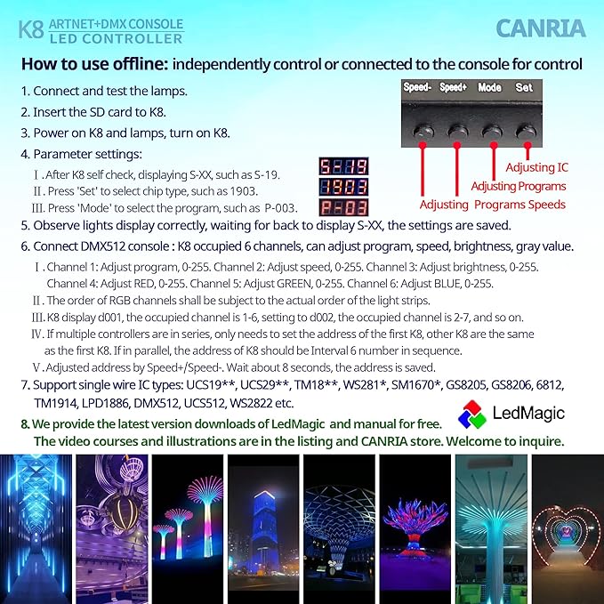 CANRIA K8 ARTNET+DMX CONSOLE LED CONTROLLER, Suitable for SPI and DMX512 LED Light, Online Offline, Addressable Programmable, 1G SD Card With 96 Program Modes and Offline Software.