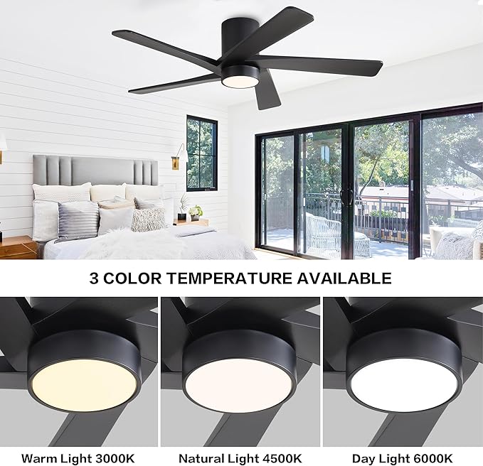 WINGBO 54 Inch Flush Mount DC Ceiling Fan with Lights and Remote, 5 Reversible Carved Wood Blades, 6-Speed Noiseless DC Motor, Hugger Ceiling Fan in Black Finish, Low Profile Ceiling Fans, ETL Listed