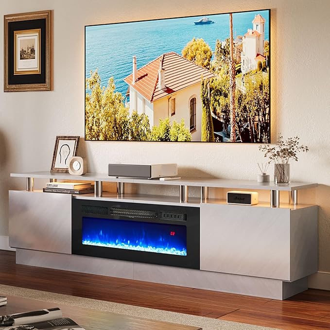 oneinmil Fireplace TV Stand with 36” Electric Fireplace, 80” 2 Tier TV Console Stand for TVs Up to 90", LED Light Entertainment Center, Fireplace for The Living Room TV Stand, Gray