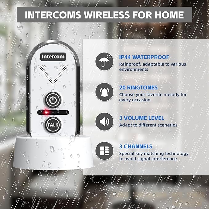 PANDAAR Intercoms Wireless for Home, 2 Way Intercom Communication 4900ft Long Range,Room to Room Intercom Wireless with 3 Volume Levels,20 Chimes Home Intercom System for Indoor Outdoor Use