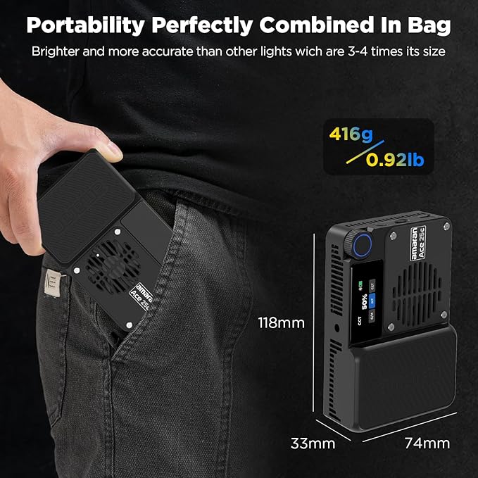 Amaran Ace 25c Pocket RGBWW LED Light, Boost Mode Up to 32W, Full-Color Mini Video Light (2,300-10,000K), 1,171 Lux@1m at 5,600K, 4500mAh Battery with PD Fast Charging for Mobile Creators (Charcoal)