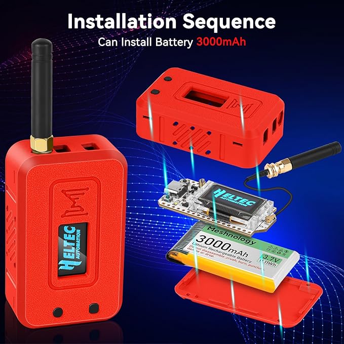 Meshnology 1 Set ESP32 Lo Ra V3 Module Board with 915 MHz Antenna + 3000mAh Battery + Case - with WiFi Blue Tooth SX1262 CP2102 0.96” OLED Display Type C for Ar duino Mesh Tastic IOT (N35, Red)