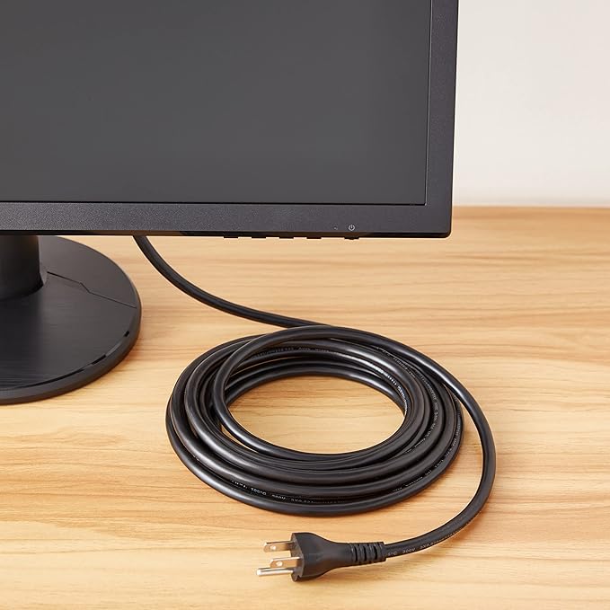 Amazon Basics PC Power Cord, 15 feet, AC Power Cord for Monitor, Computer, TV, 3 Prong, 18 AWG, 125 Volts, Black