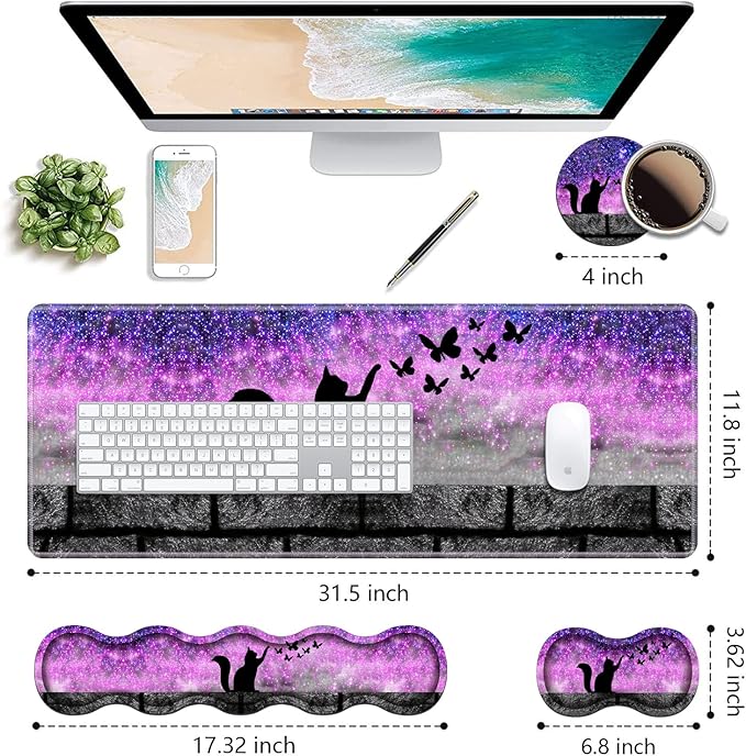 Ergonomic Keyboard Wrist Rest & Mouse Pad Wrist Rest Set, Large XXL Gaming Desk Mat 31.5"x 11.8" with Non-Slip Base, Memory Foam, Easy Typing Pain Relief for Home & Office, Black Cat and Butterfly
