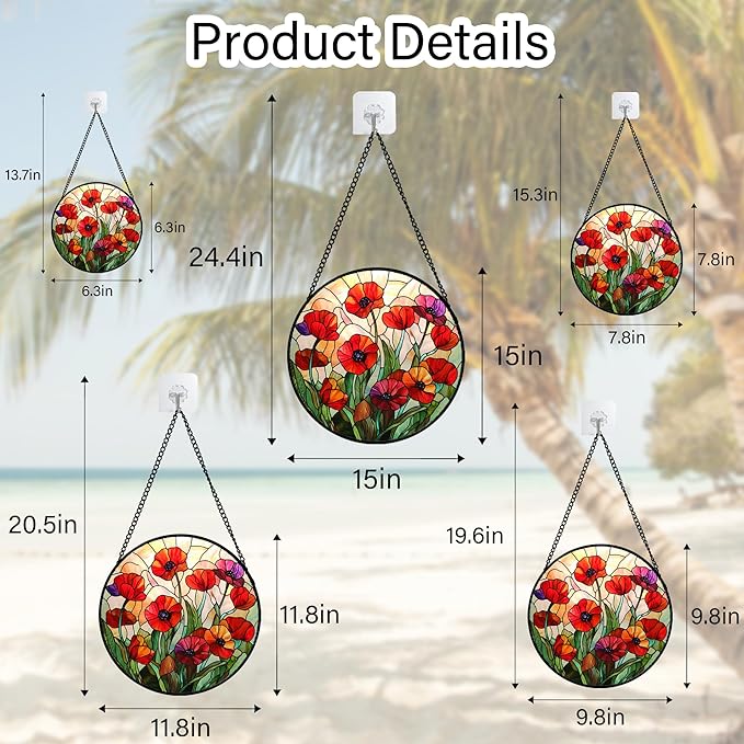 CRISGIF Stained Glass Window Hanging - Poppy Birth Flowers Suncatcher for Door Garden Yard Wildflowers Sun Catchers Decor Christmas Mother's Day Birthday Gifts for Women Mom Nana Friend 7.8 in