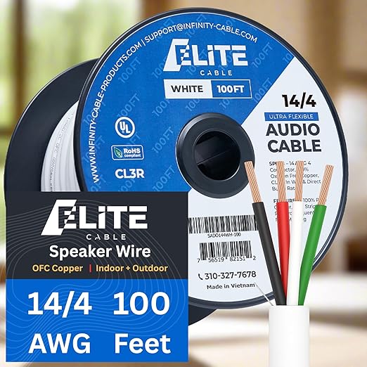 Elite 14/4 Speaker Wire 100ft, UL Listed, CMR/CL3R, (Riser/In-Wall & Outdoor/In-Ground (Direct Burial)- 100% Oxygen Free Pure Bare Copper (OFC), 14AWG/4-Conductor, 100ft Bulk Cable (105 strands) White