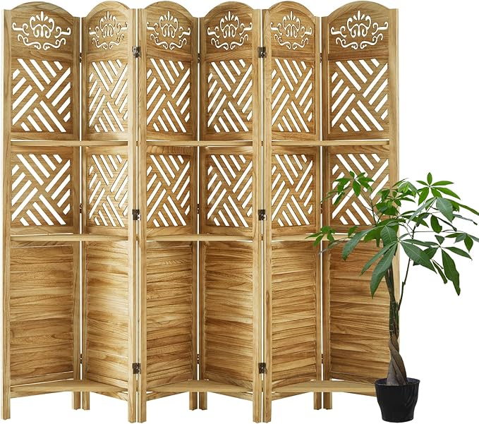 Svimi Room Divider with Shelves, 68.9inch Wood Carved and Louvered Wall Divider Freestanding, 6 Panels Folding Partition Screen for Bedroom Home Office (Natural)