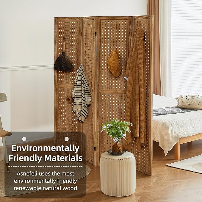 Asnefeli Pegboard Display Room Divider with 16 Hooks, 4 Panel 5.6Ft Wood Room Divider Folding Privacy Screen, Portable Freestanding Wall Organizer for Retail Craft Art Display Board, Natural