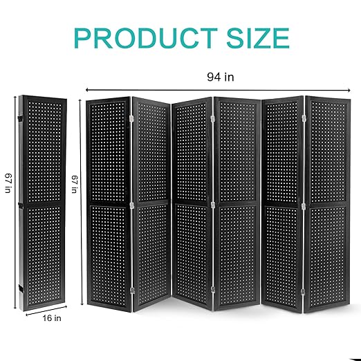 Babion 6 Panel Pegboard Display, Peg Board Room Divider Freestanding Folding Privacy Screens Display Stand for Craft Shows (Black)