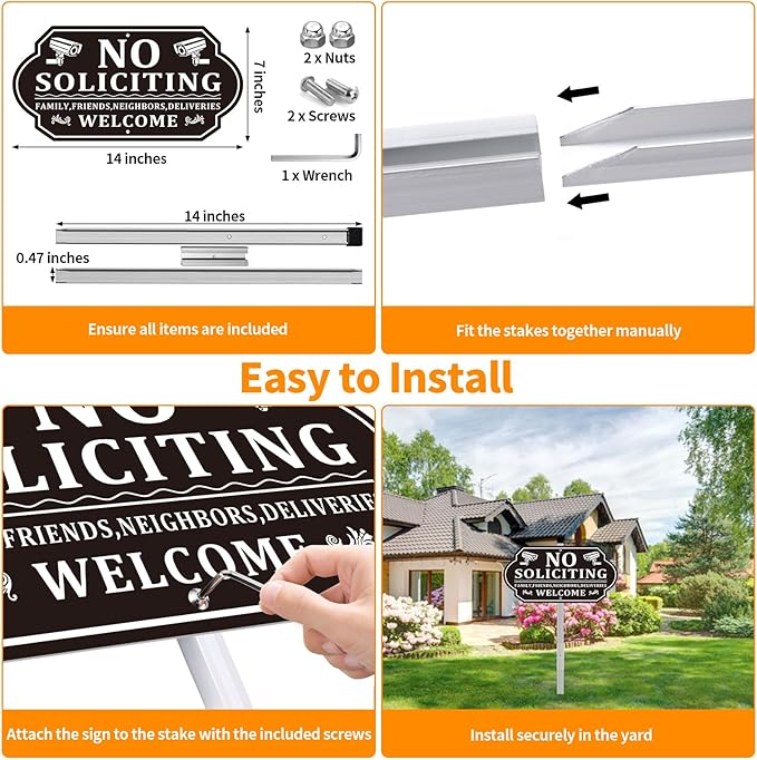 No Soliciting Sign for House, No Soliciting Signs for Front Door with Long Stake, Heavy Duty Aluminum Yard Signs UV Protected Weather Resistant and Easy Install for Lawns Garden (14x7 inches Black)