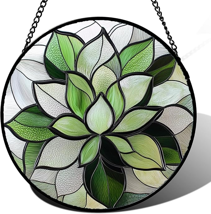 CRISGIF Stained Glass Window Hanging - Ireland Green Plants Suncatcher for Doors Garden Succulent Sun Catchers Decor Mother's St. Patrick's Day Birthday for Women Men Mom Nana 9.8 in