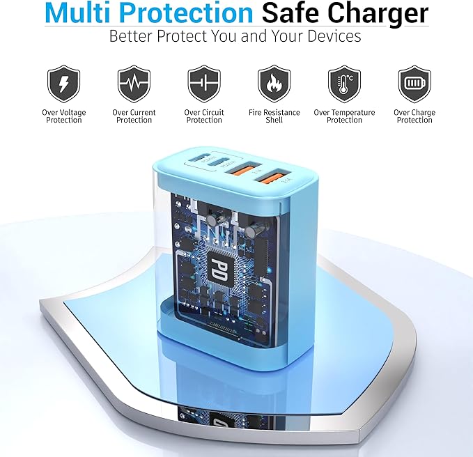TT&C USB C Block 40W, 4 Ports Wall Plug Fast Charging Block, PD+QC Multiport Power Adapter USB C Charger Type C for iPhone 17, 17 Air, 17 Pro, 17 Pro Max, 16,15,14,13,12, Galaxy Phones (Blue 1Pack)