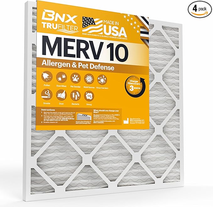 BNX TruFilter 20x20x1 MERV 10 (4-Pack) AC Furnace Air Filter - MADE IN USA - Pleated Air Conditioner HVAC AC Furnace Filters - Removes Odor, Mold, Bacteria, Smoke