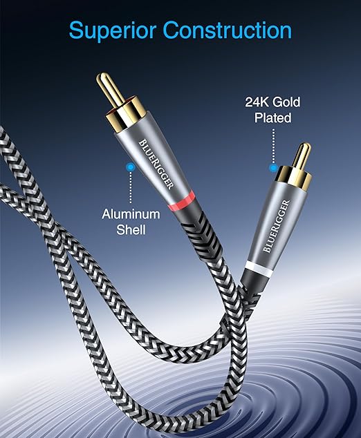 BlueRigger RCA Cable, 15FT (2RCA Male to 2RCA Stereo Audio Cable, Braided, Gold Plated, Subwoofer)- Compatible with Home Theater, Amplifier, Hi-Fi System, HDTV, Car Audio, Turntable, Receiver, Speaker
